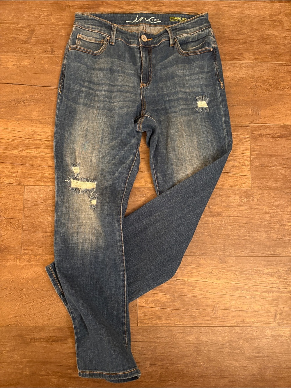 INC International Concepts Women's Straight Leg Distressed Jeans - Blue